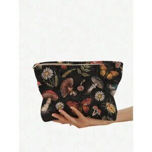 Butterfly Mushroom & Insect Pattern Double-Sided Printed Corduroy Cosmetic Bag